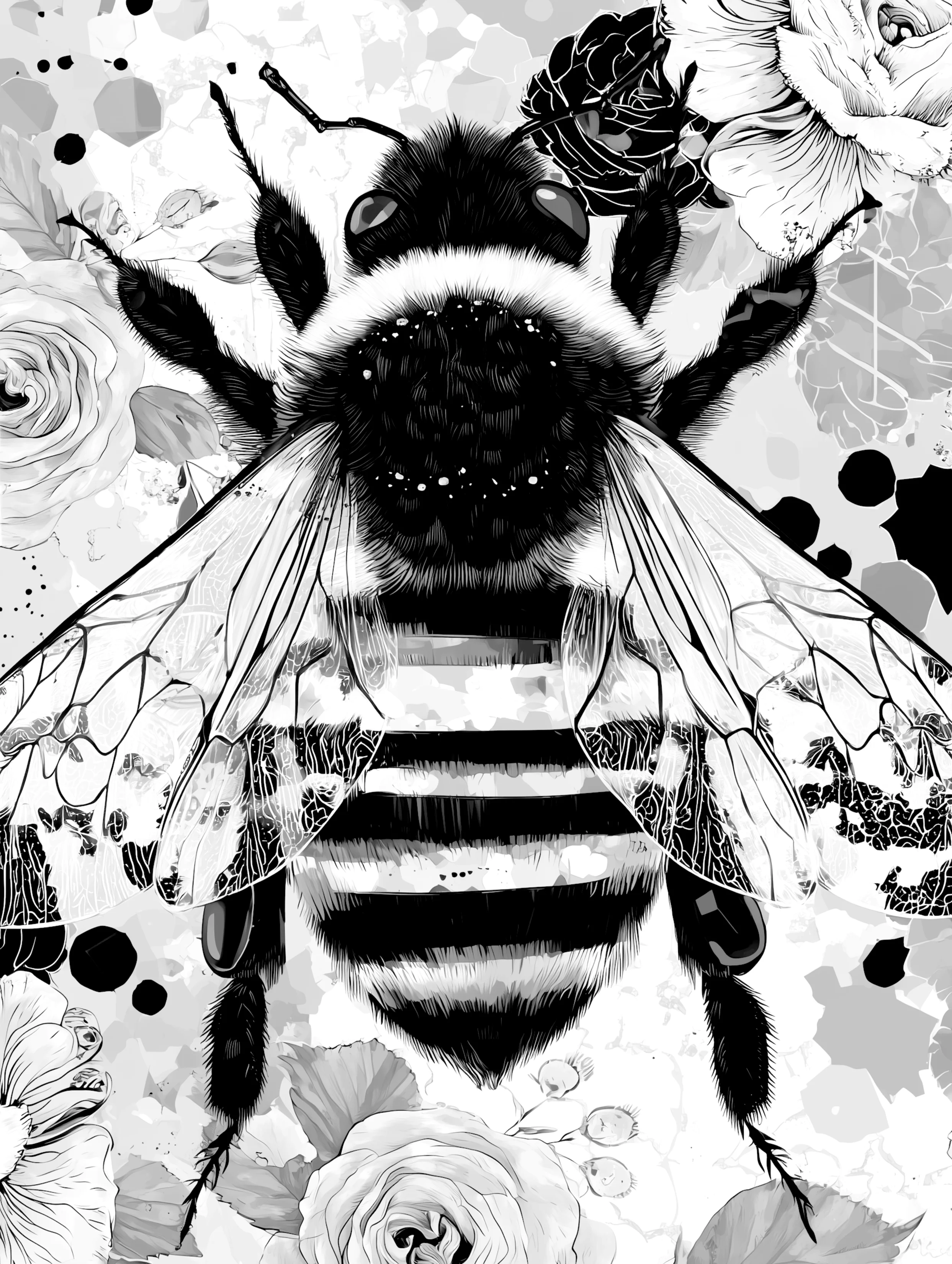 Free printable bee coloring page for adults featuring clear wings bee